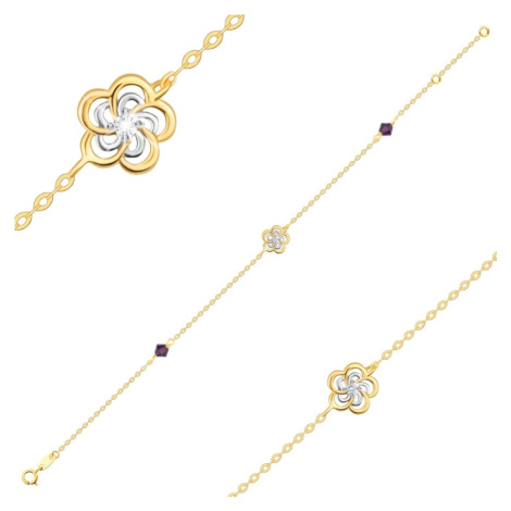 Náramok z kombinovaného zlata 585 - dvojfarebný kvietok, krištále Swarovski ametystovej farby
