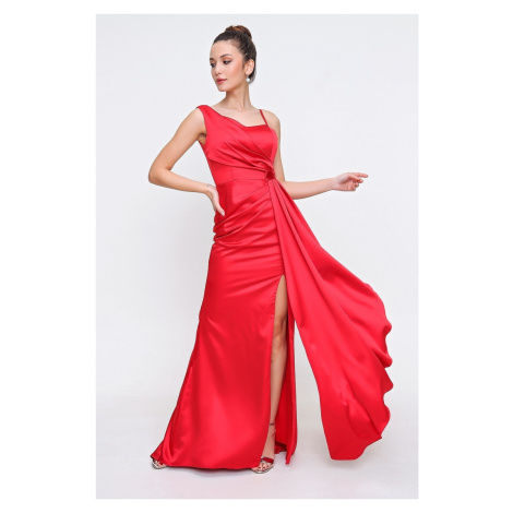 By Saygı Front Flounce Detailed Lined Satin Evening Dress