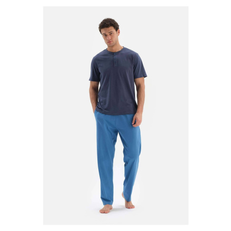Dagi Navy Blue Half-Pleat Short Sleeved Cotton Modal Pajamas Set
