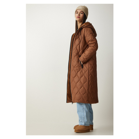 Happiness İstanbul Women's Brown Hooded Quilted Coat with Pockets