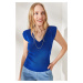 Olalook Women's Saxe Blue Shoulder And Skirt Detailed Front Back V Knitwear Blouse