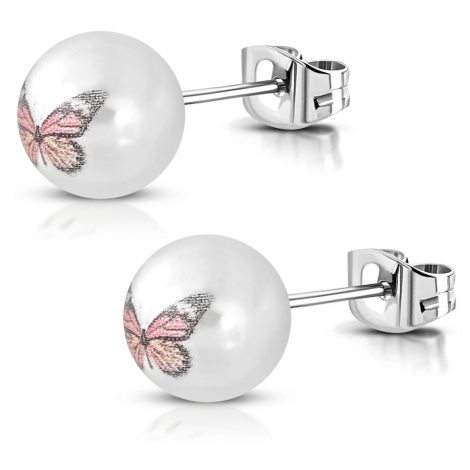 Náušnice z ocele 316L, perleťovo biele akrylové guličky s farebným motýľom
