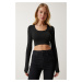 Happiness İstanbul Women's Black U Neck Ribbed Crop Knitwear Blouse