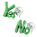 Puzetové náušnice zo striebra 925, patinované slová Yes a No, zelená glazúra