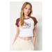Trendyol Brown 100% Cotton Printed Fitted/Simple Crop Crew Neck Knitted T-Shirt