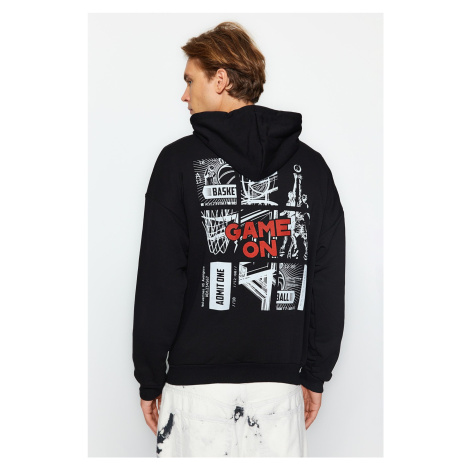 Trendyol Black Oversize/Wide Cut Hooded Basketball Printed Cotton Sweatshirt