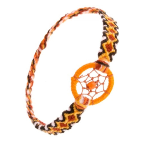 Oranžový náramok z vlny, kosoštvorcový vzor, krúžok s guličkou