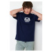 Trendyol Navy Blue Relaxed/Comfortable Cut Fluffy Landscape Printed 100% Cotton T-Shirt