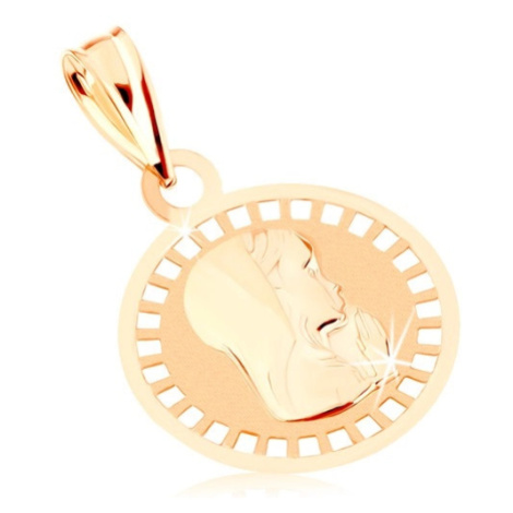 Prívesok zo žltého 9K zlata - okrúhly medailón s Pannou Máriou, lesklo-matný