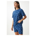 Happiness İstanbul Women's Navy Blue Patterned Viscose Shorts T-Shirt Pajama Set