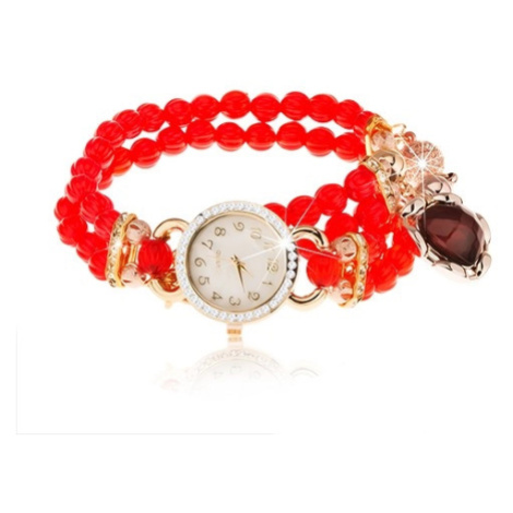 Náramkové hodinky, korálkový červený náramok, srdiečko, ciferník so zirkónmi