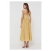 Šaty Bardot žltá farba, midi, áčkový strih