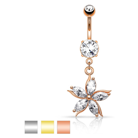 Piercing do bruška z ocele - kvet s čírymi zirkónovými lupeňmi, rôzne farby - Farba: Zlatá