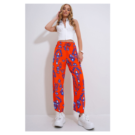 Trend Alaçatı Stili Women's Orange Elastic Waist Patterned Woven Viscose Trousers