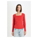 DEFACTO Regular Fit Square Neck Basic Plain Ribbed Camisole Long Sleeve Red T-Shirt