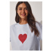 Happiness İstanbul Women's Sky Blue Sparkling Heart Printed Oversize Knitted T-Shirt