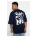 Trendyol Navy Blue Oversize/Wide Cut Headlamp East Printed 100% Cotton T-Shirt