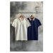 Trendyol Navy Blue-White 2 Pack Slim/Narrow Cut Deer Embroidered 100% Cotton Polo Neck T-Shirt