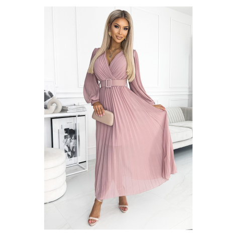 Numoco basic KLARA riasené šaty s opaskom a výstrihom - púdrové ružové 414-2 Farba: Ružová