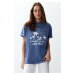 Trendyol Indigo Crew Neck Oversize/Wide-Fit Scenery Printed Knitted T-Shirt