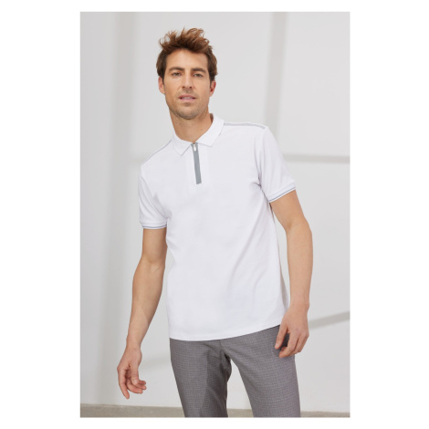 ALTINYILDIZ CLASSICS Pánske biele tričko slim fit Slim Fit Polo Neck Bavlnené tričko s krátkym r