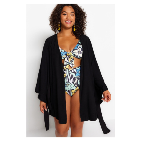 Trendyol Curve Black Frilled Sleeve Flounce Viscose Beach Wear Woven Plus Size Kimono&Caftan