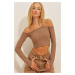 Trend Alaçatı Stili Women's Brown Rope Strap Detailed Long Sleeve Patterned Crop Knitted Blouse