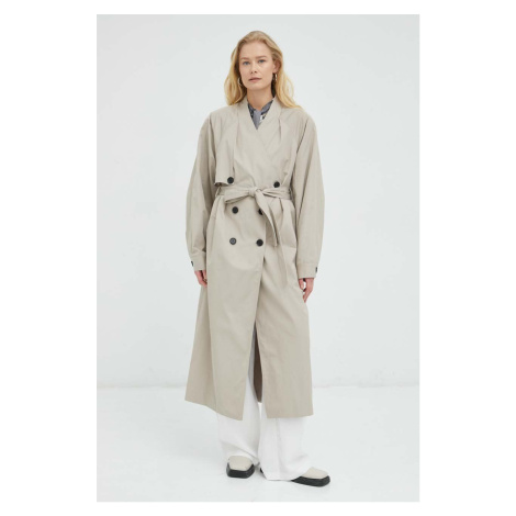 Kabát Gestuz dámsky, béžová farba, prechodný, dvojradový