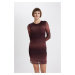 DEFACTO Bodycon Round Neck Tie Dye Mesh Mini Long Sleeve Dress