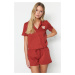 Trendyol Cinnamon 100% Cotton Teddy Bear Embroidered Shirt-Shorts Knitted Pajamas Set