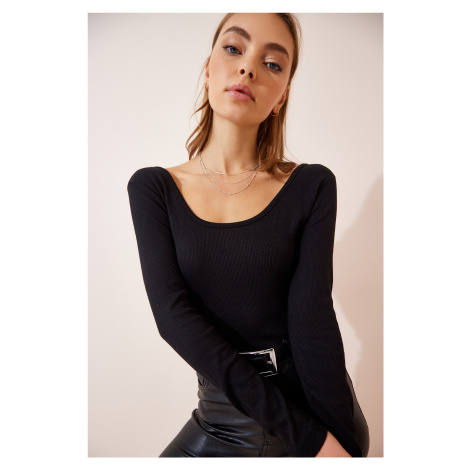 Happiness İstanbul Women's Black U Neck Ribbed Knitted Blouse