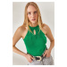 Olalook Women's Grass Green Halterneck Blouse with Beaded Garnish and Crop Knitwear