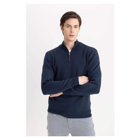 DEFACTO Navy Blue Standard Fit Regular Cut Semi-Zipped Stand Collar Knitwear Sweater