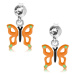 Puzetové náušnice, striebro 925, motýľ s oranžovými krídlami, výrezy, krištáľ