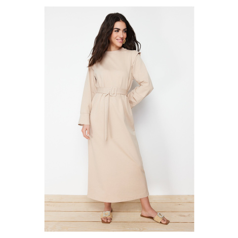 Trendyol Beige Belted Shoulder Detailed Knitted Dress