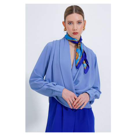 Bigdart Women's Blue Double Breasted Collar Flowing Satin Blouse 0492