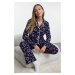 Trendyol Navy Blue 100% Cotton Christmas Themed Piping Knitted Pajamas Set