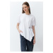 Trendyol White 100% Cotton Asymmetrical Knitted T-Shirt with Gold Accessory Detail