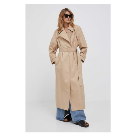 Kabát Calvin Klein dámsky, hnedá farba, prechodný, dvojradový
