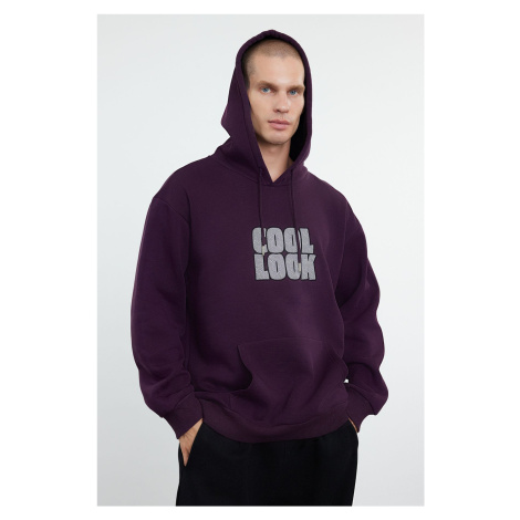 Trendyol Purple Oversize/Wide Cut Hooded Fleece/Warm Embroidered Sweatshirt