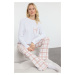 Trendyol White-Multicolor Cotton Plaid Pocket Detailed Knitted Pajamas Set