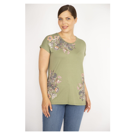 Şans Women's Khaki Plus Size Crew Neck Front Printed Short Sleeve Blouse