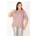 Şans Women's Plus Size Red Check Patterned Double Sleeve Tunic with Stones