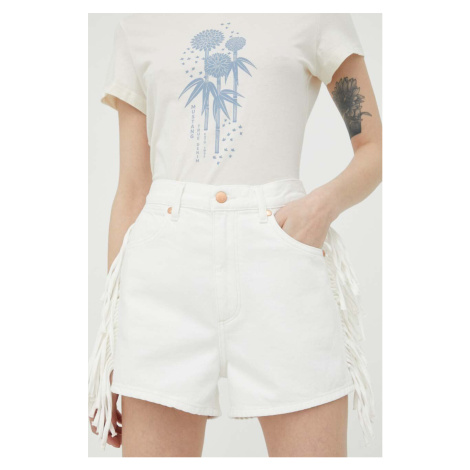 Rifľové krátke nohavice Wrangler Fringed Festival dámske, biela farba, jednofarebné, vysoký pás