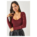 Olalook Women's Claret Red Kiss Collar Sleeve Openwork Knitwear Blouse