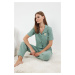 Trendyol Mint Teddy Bear Embroidered Ribbed Knitted Pajama Set