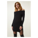 Happiness İstanbul Black Madonna Collar Ribbed Knitted Dress