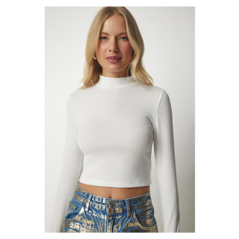 Happiness İstanbul Women's White High Neck Ribbed Camisole Crop Blouse