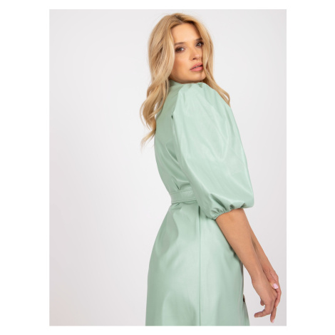 Mint mini dress made of ecological leather with a belt