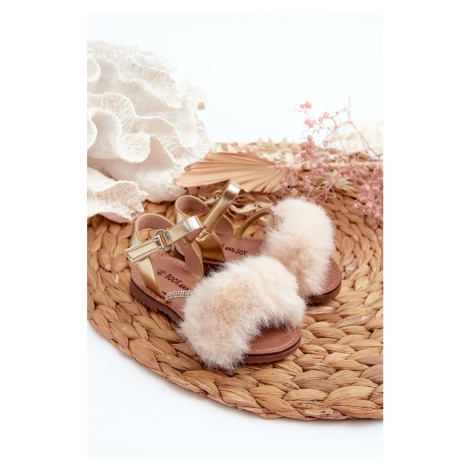 Children's Velcro sandals with fur, gold Rosavere